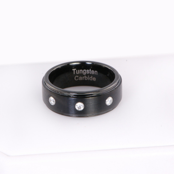 King Will 8mm Mens Black Tungsten Carbide Wedding Ring CZ  8mm Tungsten Black Mens Wedding Band Ring CZ